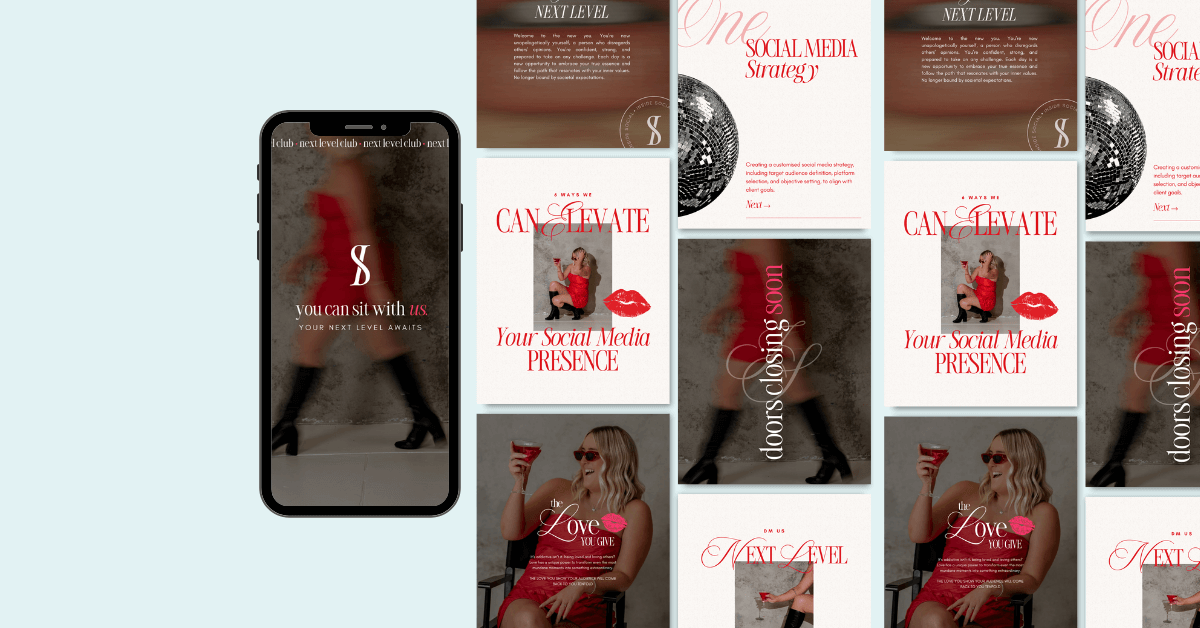 Flatlay of a smartphone displaying social media tiles, custom-designed for Inside Social, a social media agency. The cohesive branding showcases consistent visuals, typography, and colours, reinforcing brand identity.